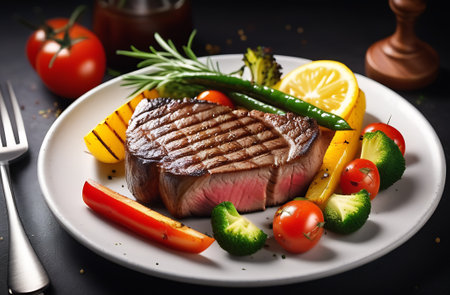 Grilled beef steak with vegetables on a black background, top viewの素材