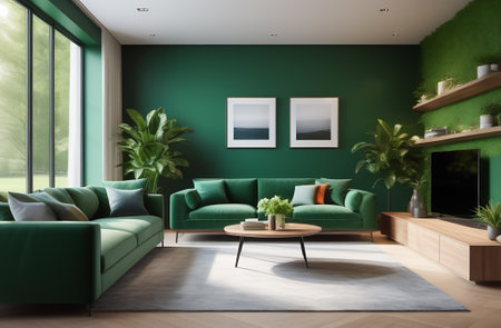 Green living room interior with green walls, wooden floor, green sofa and coffee table. 3d renderの素材