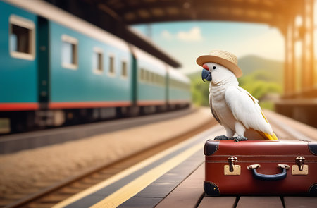 White parrot with a hat sits on a suitcase at the railway station.の素材