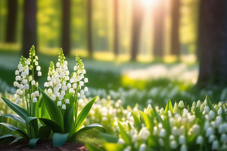 Lily of the valley flowers in spring forest. Nature background.の素材