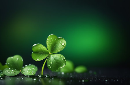 Green clover leaves with water drops on dark background. St. Patrick's dayの素材