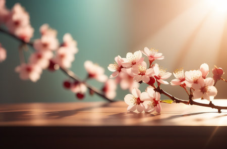 cherry blossom on wooden table, soft focus. spring backgroundの素材