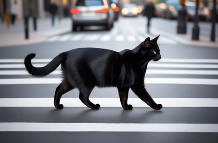 Black cat crosses the road in the city on a pedestrian crossing.の素材