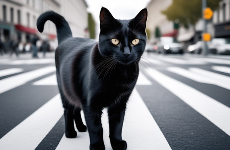 Black cat on zebra crossing in the city. Shallow depth of fieldの素材