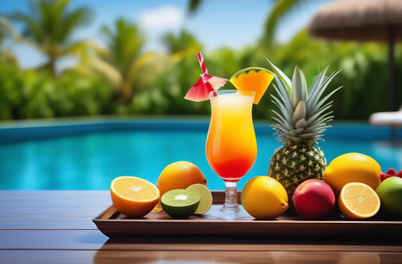 tropical cocktail tray on swimming pool background. 3d illustrationの素材