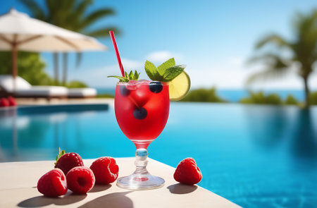 Refreshing summer drink with blueberries, raspberries and lime in a glass near the swimming poolの素材