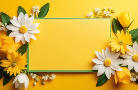 Frame with flowers on yellow background, flat lay. Space for textの素材