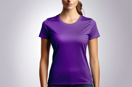 Blank purple t-shirt mockup on female model in studioの素材