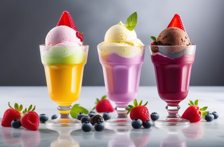 Three glasses of colorful ice cream with fresh berries and mint on gray backgroundの素材