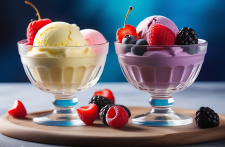 Delicious ice cream with berries in glass bowls on table, closeupの素材