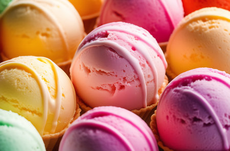 Colorful ice cream scoops in waffle cones, closeupの素材