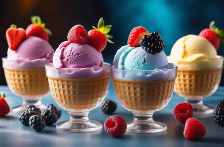 Ice cream scoops with berries in waffle cones on blue backgroundの素材