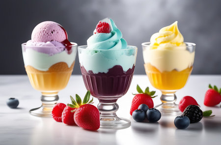 Colorful ice cream with berries in glass cups on white table.の素材