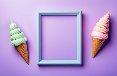 Ice cream in waffle cones and blue frame on purple background, top viewの素材