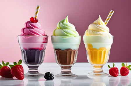 Colorful ice cream in glass cups with berries on a pink backgroundの素材