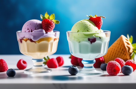 Ice cream with fresh berries in glass bowls on white wooden table.の素材