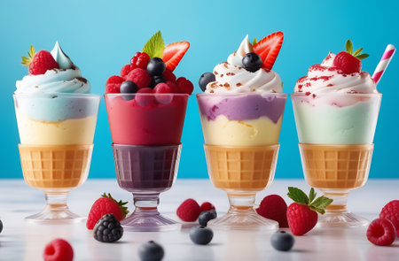 Colorful ice cream in waffle cups with berries on blue backgroundの素材