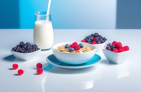 Healthy breakfast with cornflakes, berries and milk on blue backgroundの素材