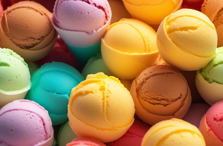 Colorful ice cream scoops in a bowl, close-upの素材