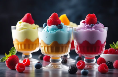 Colorful ice cream with berries in glass cups on dark background.の素材