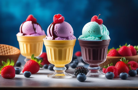 Ice cream scoops with fresh berries, blueberries and raspberries.の素材