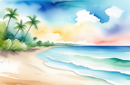 Illustration of a tropical beach with palm trees and a blue skyの素材