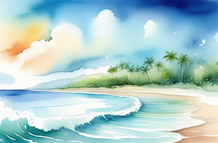 Tropical beach with palms and blue sky, vector illustration.の素材