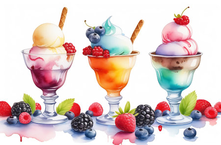 Colorful ice cream in glass cups with berries and wafer rollsの素材