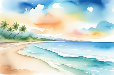 Illustration of a beautiful beach with palm trees and blue sky.の素材