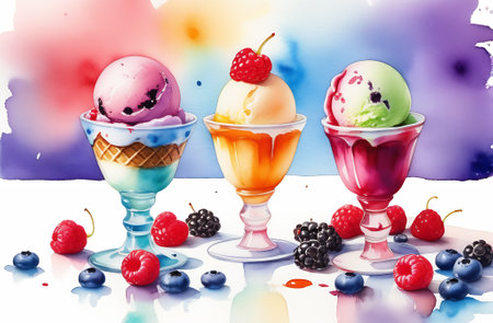 Delicious ice cream with fruits and berries. Colorful background.の素材