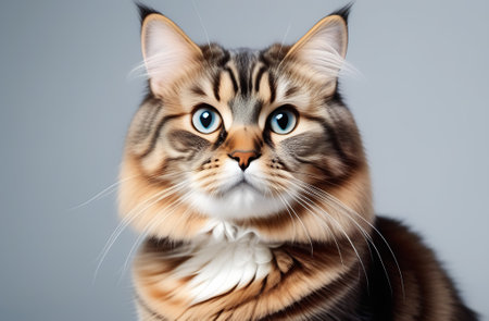Portrait of a Maine Coon cat with blue eyes on gray backgroundの素材