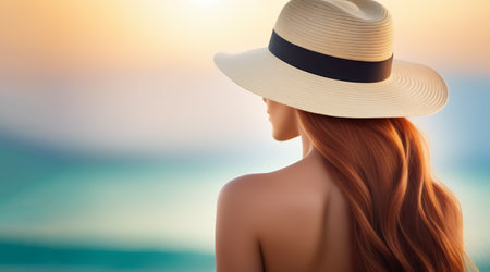 Beautiful young woman with hat on the beach at sunset.の素材