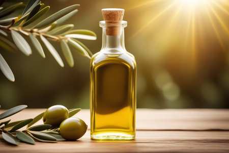 Olive oil and olives on a wooden table with natural background.の素材
