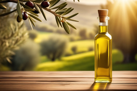 Olive oil bottle on wooden table with olive tree in background.の素材