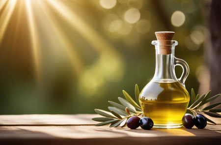 Nature Olive oil in a bottle, olives, twigs on a textured black background. Free space for text.の素材