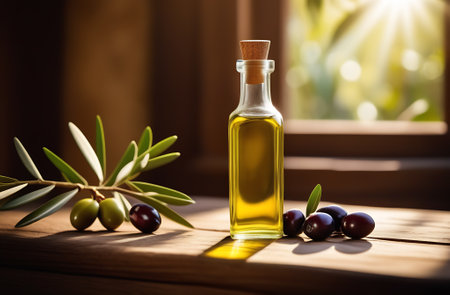 Nature Olive oil in a bottle, olives, twigs on a textured black background. Free space for text.の素材