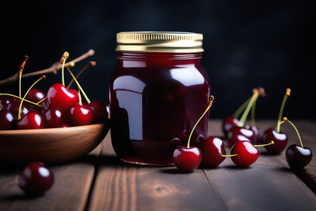 Cherry jam in glass jar and fresh cherries on wooden tableの素材