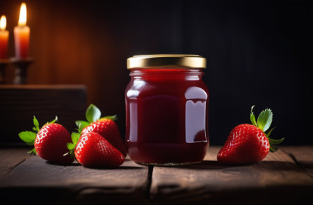 Strawberry jam in a glass jar and fresh strawberries on a wooden tableの素材