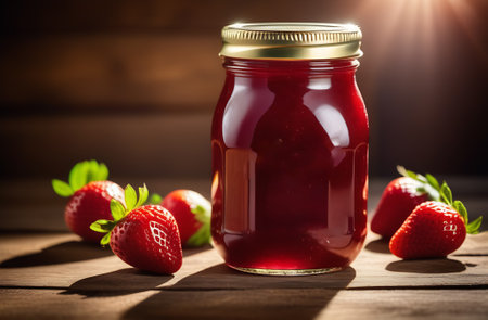 Strawberry jam in a glass jar on a wooden background.の素材