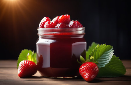 Strawberry jam in glass jar with fresh berries on wooden tableの素材