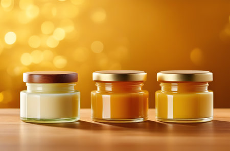 Three jars of baby food on wooden table with bokeh backgroundの素材