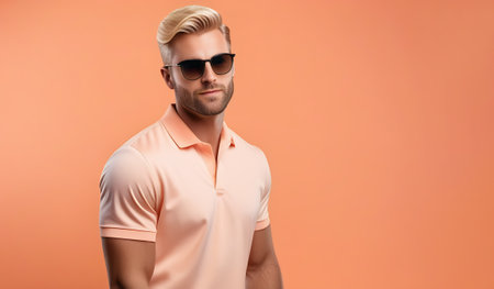 side view of handsome young man in sunglasses looking away isolated on Peach fuzz colorの素材