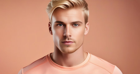 Portrait of a handsome young man with blond hair in a studio. Peach fuzz colorの素材