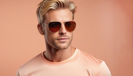 Handsome young man in sunglasses looking at camera while standing against Peach fuzz color backgroundの素材