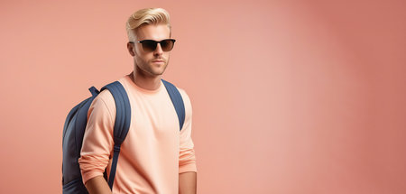 stylish young man in sunglasses with backpack looking away isolated on pinkの素材