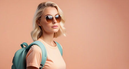 portrait of a beautiful young woman in sunglasses with a backpack on a beige backgroundの素材