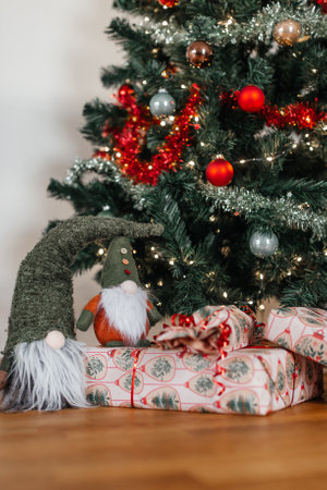 Christmas tree with presents under it. Christmas background. Copy space.の写真素材