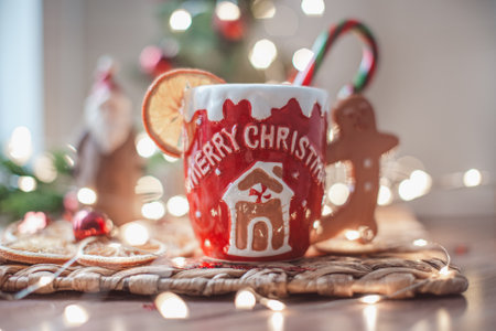 Mug of Christmas hot drink with gingerbread cookies and christmas tree on backgroundの写真素材
