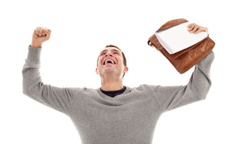 Successful male student with raised arms. Isolated on white backgroundの写真素材