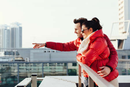 Young couple visiting city and enyoing viewの写真素材